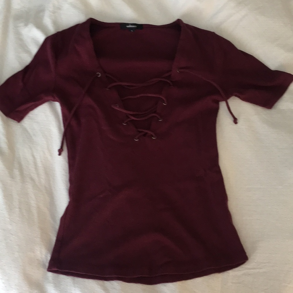 Wine colored top with tie up detai